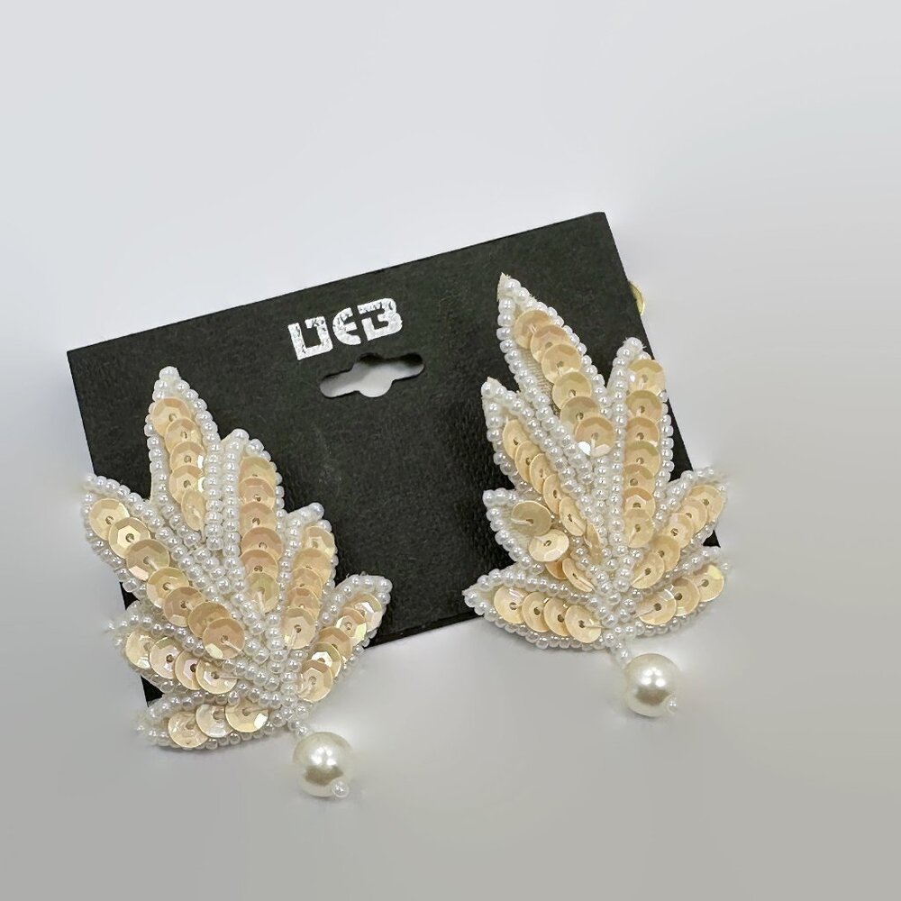 Vintage Sequin Leaf Earrings: Iridescent Cream Beadwork, Faux Pearl Dangle